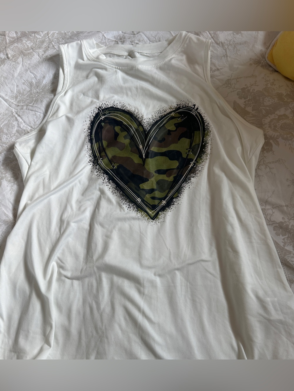 White womens  Tee with Camo Heart Graphic